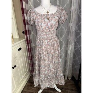Vtg. Victoria Dunn Folly Smocked Midi Dress XS Coastal Palm Hand Blocked Cotton